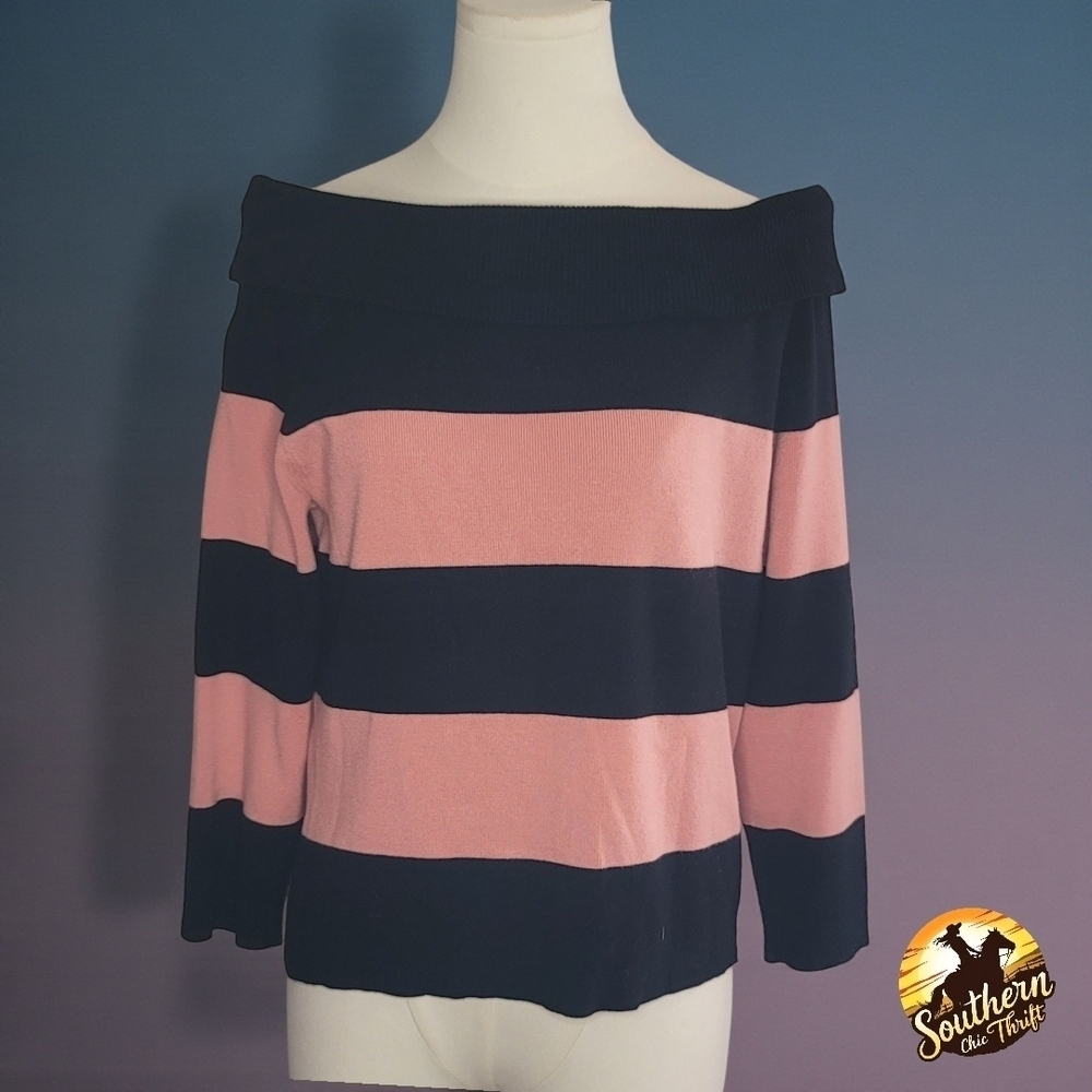 Harold's Off-Shoulder Sweater - Pink and Black Stripes